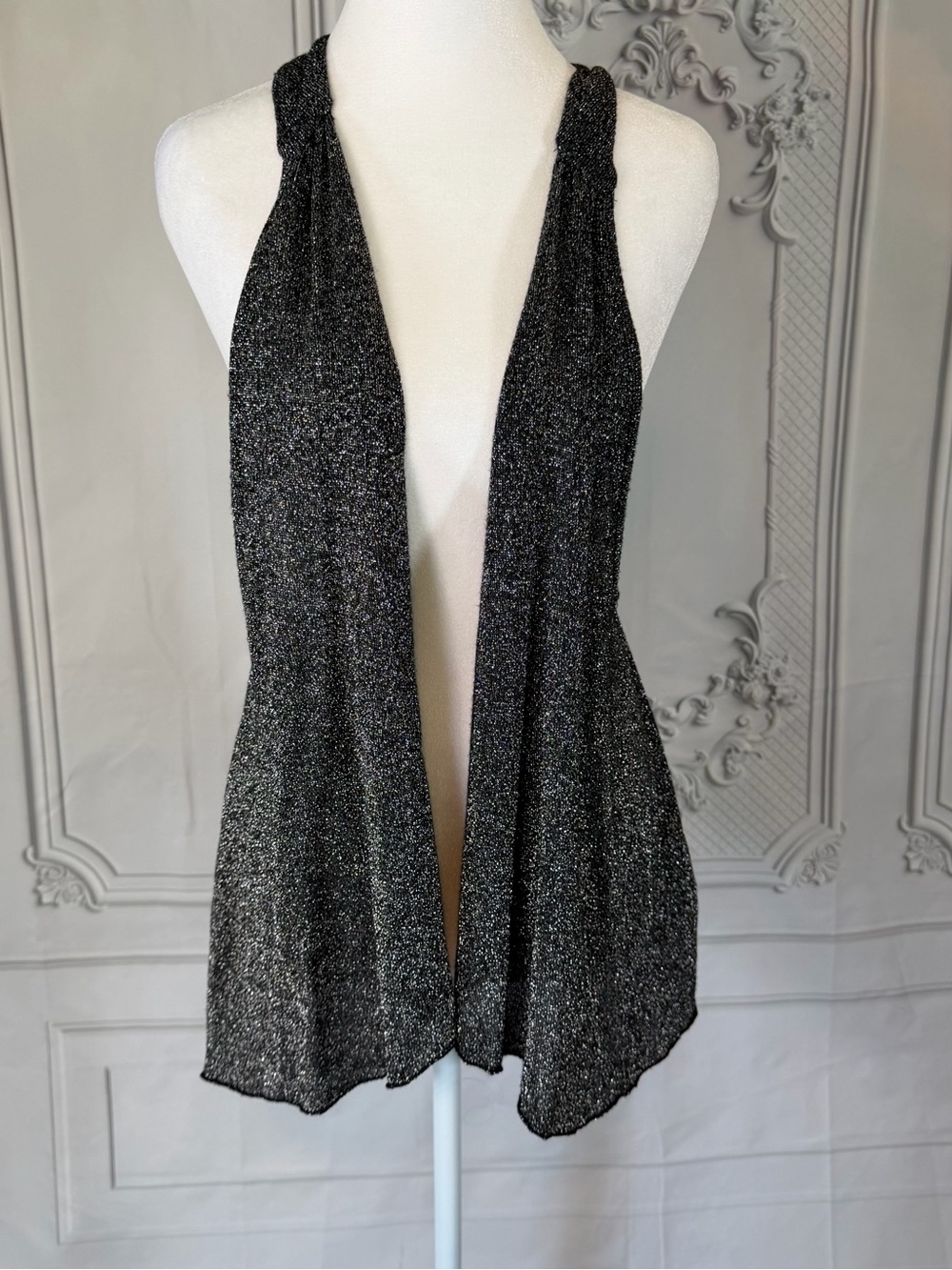 Vintage 5 7 9 Glam Sparkly Black Lurex Halter Vest Wrap Size S Disco Party Flowy